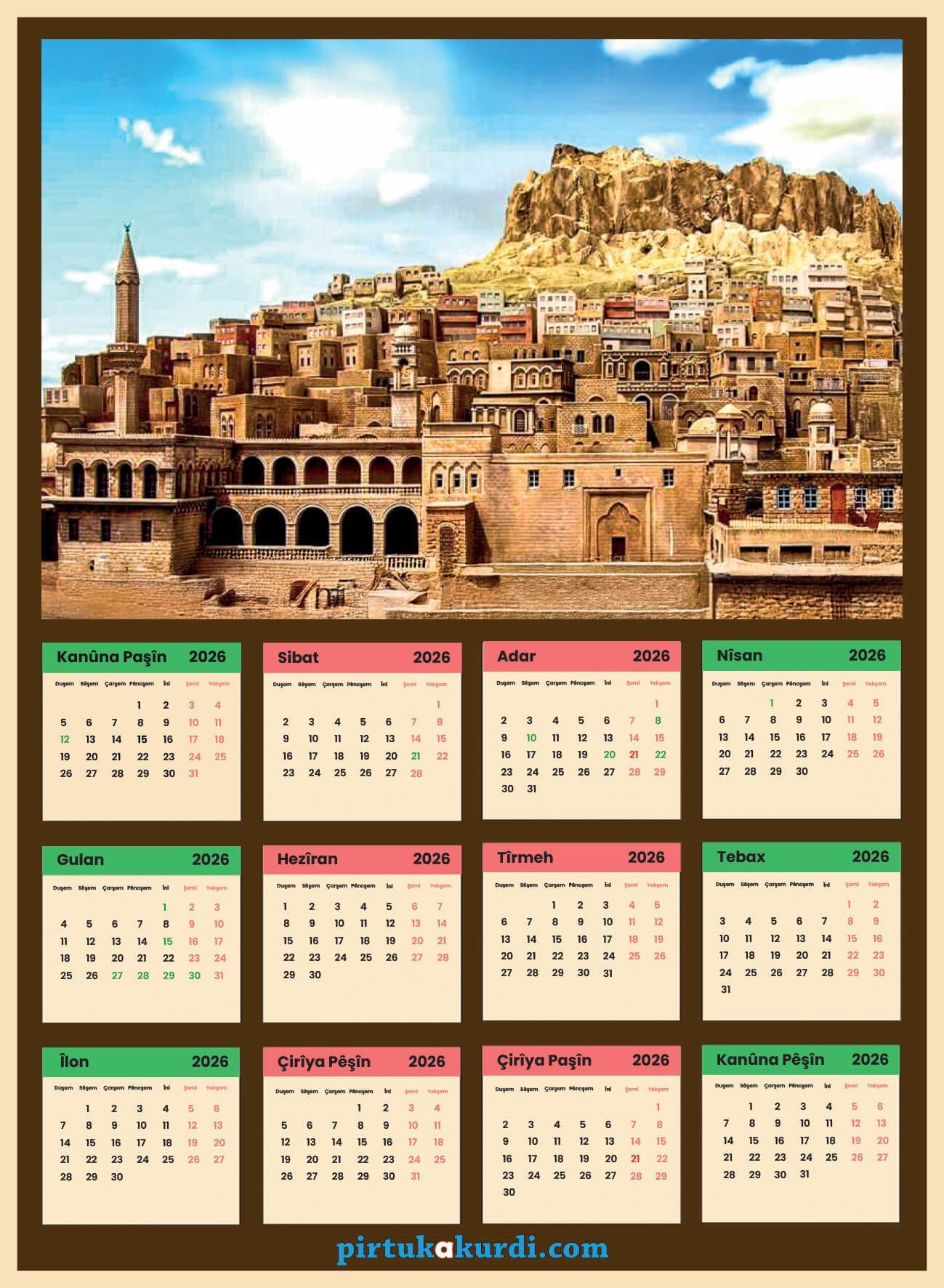 Salnameya Kurdi 2026an - 2026 Kürtçe Takvim - Mêrdîn - Mardin