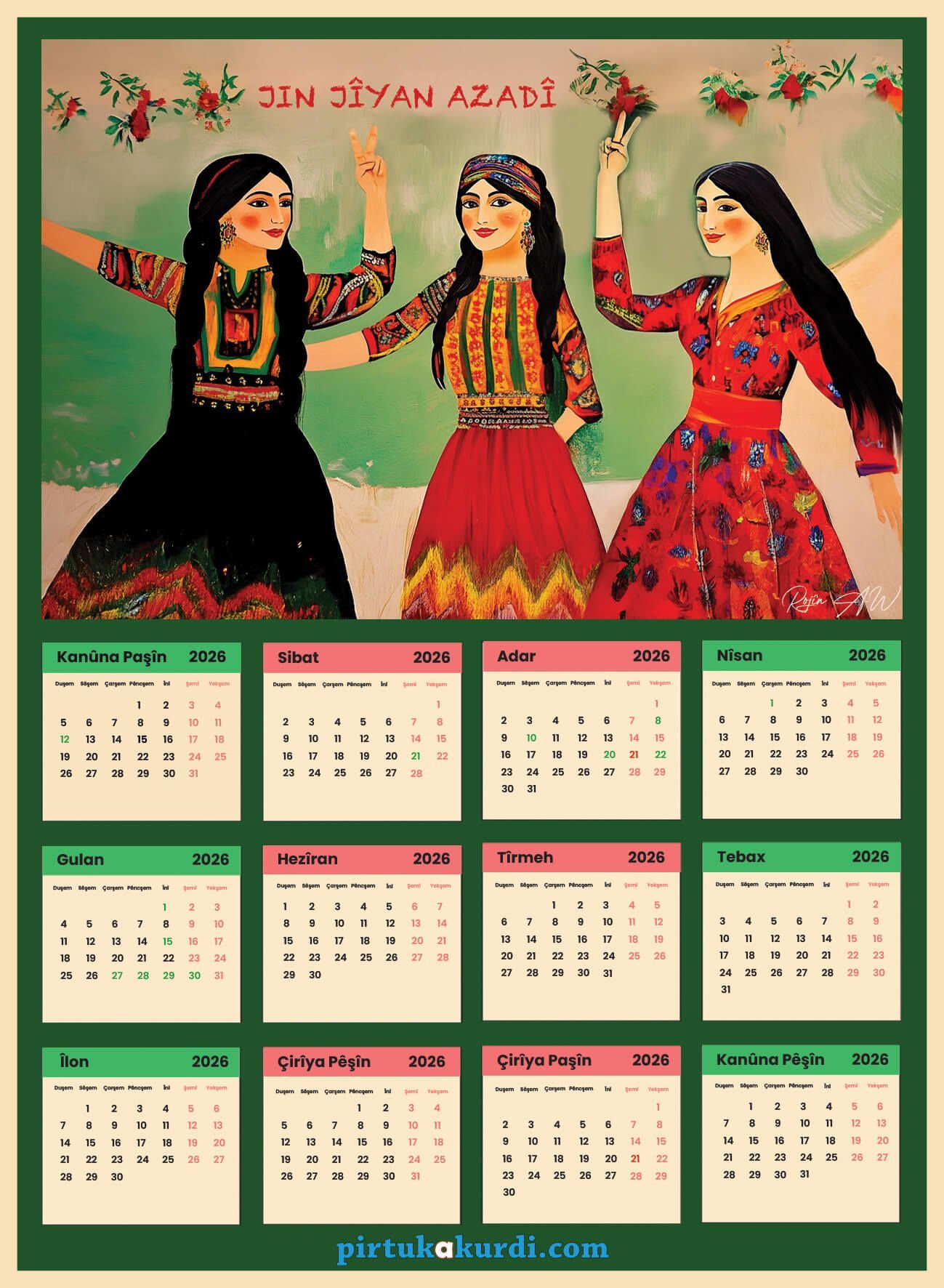Salnameya Kurdi 2026an - 2026 Kürtçe Takvim - Jin Jiyan Azadi