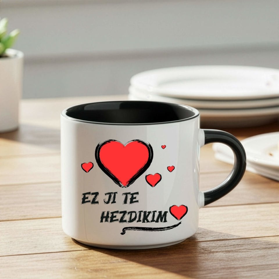 Kürtçe Ez Ji Te Hezdikim Tasarımlı Siyah Renkli Nescafe Kupa Bardak - Ez Ji Te Hez dikim Nescafe Kupası