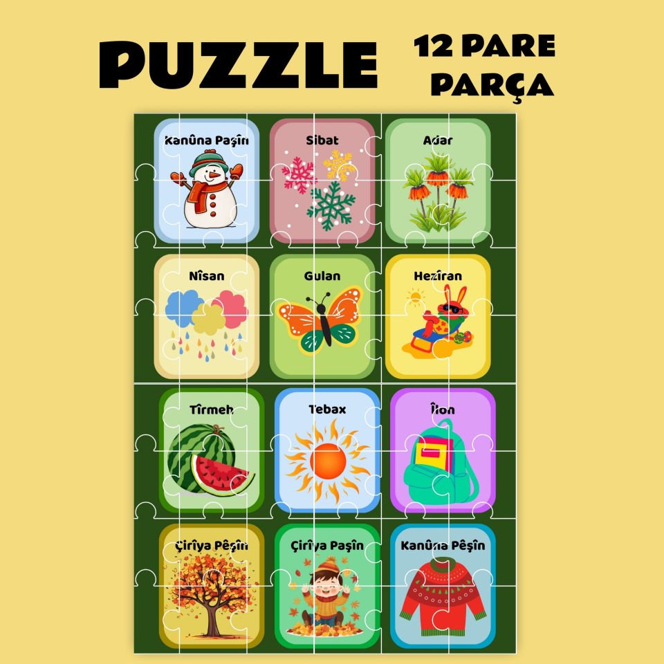 Pazil Bi Kurdî Navên Mehan Ay İsimleri - Kürtçe Magnetli Puzzle Yapboz (12 Pare/Parça - A5)
