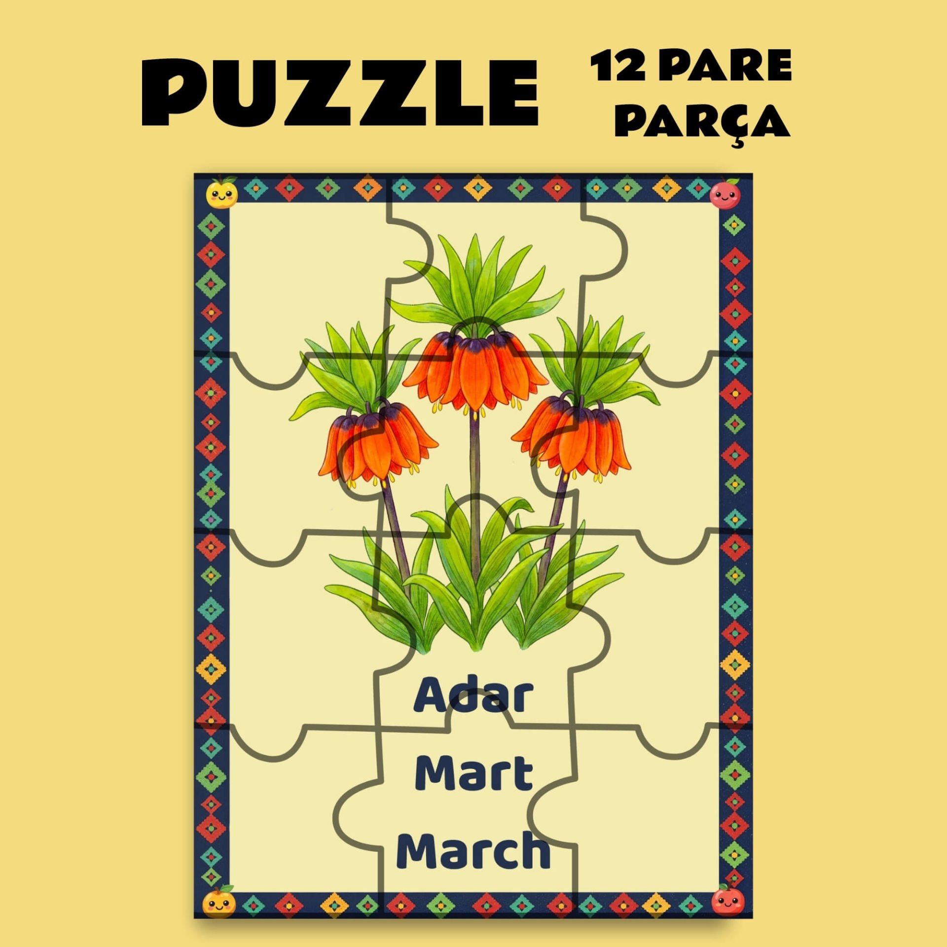 Pazil Bi Kurdî Adar Mart Ayı - Kürtçe Magnetli Puzzle Yapboz (12 Pare/Parça - A5)