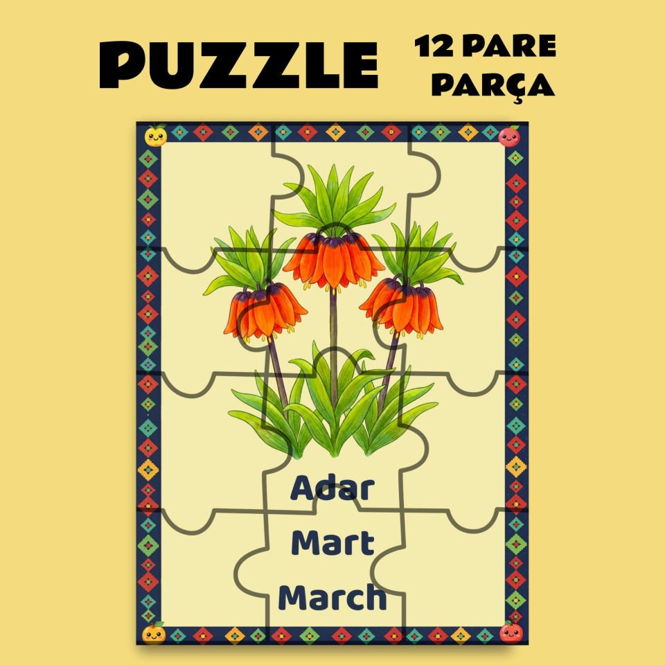 Pazil Bi Kurdî Adar Mart Ayı - Kürtçe Magnetli Puzzle Yapboz (12 Pare/Parça - A5)