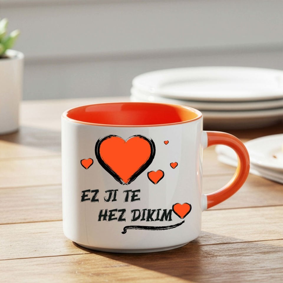 Kürtçe Ez Ji Te Hezdikim Tasarımlı Turuncu Renkli Nescafe Kupa Bardak - Ez Ji Te Hez dikim Nescafe Kupası