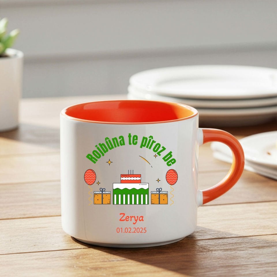 İsme Özel ve Doğum Tarihli Kürtçe Doğum Günü Kutlama Turuncu Renkli Nescafe Kupa Bardağı - Rojbûna Te Pîroz be Nescafe Kupa Bardak