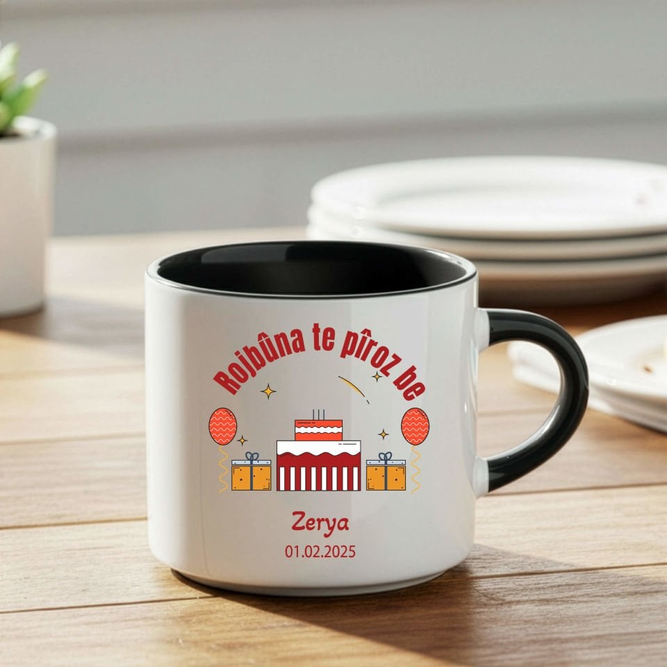 İsme Özel ve Doğum Tarihli Kürtçe Doğum Günü Kutlama Siyah Renkli Nescafe Kupa Bardağı - Rojbûna Te Pîroz be Nescafe Kupa Bardak