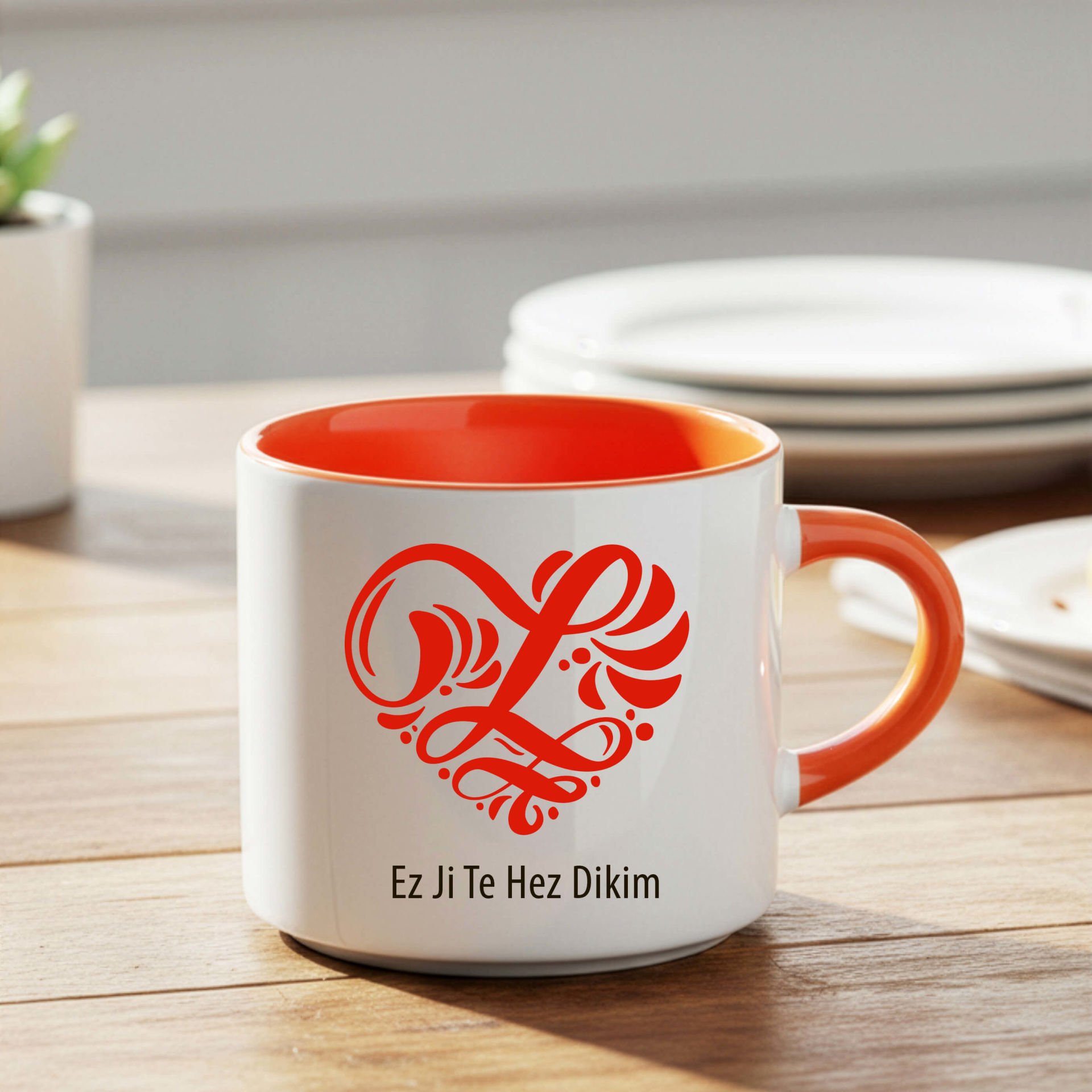 Kürtçe Ez Ji Te Hez Dikim Yazılı Kalpli Turuncu Renkli Nescafe Kupa Bardağı - Ez Ji Te Hez Dikim Yazılı Kalpli Nescafe Kupa Bardak