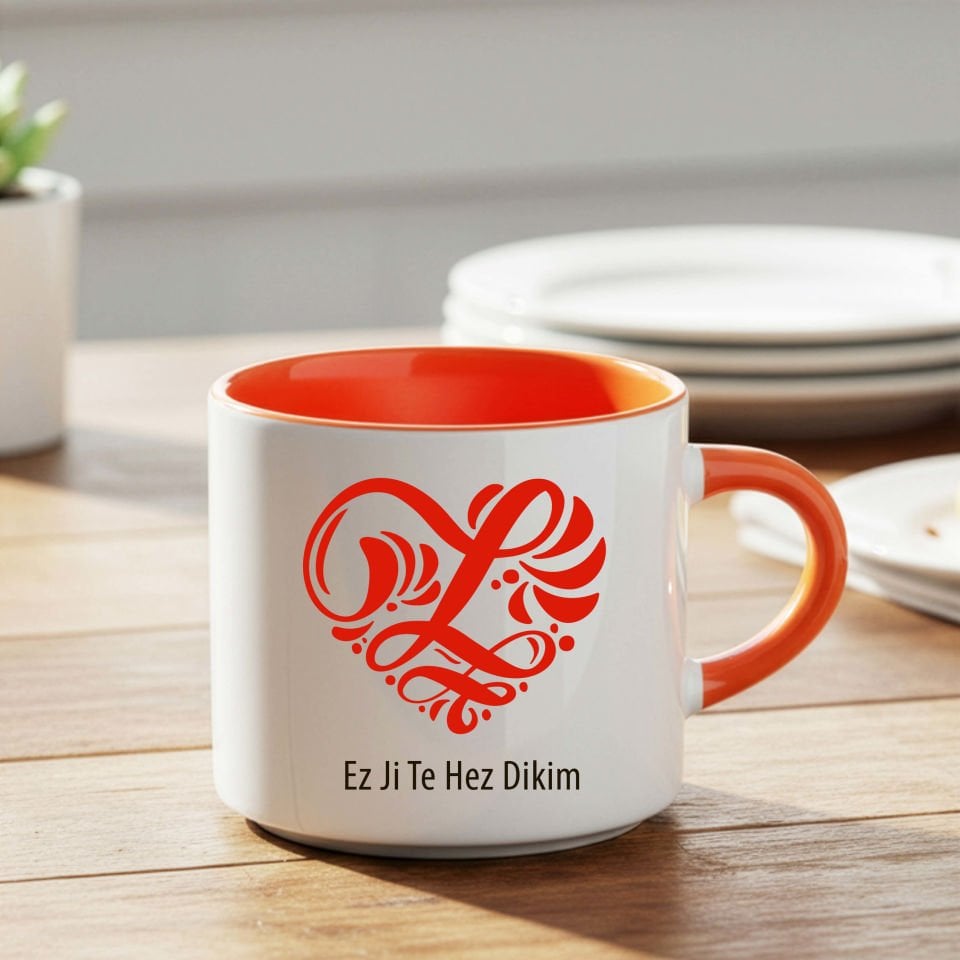 Kürtçe Ez Ji Te Hez Dikim Yazılı Kalpli Turuncu Renkli Nescafe Kupa Bardağı - Ez Ji Te Hez Dikim Yazılı Kalpli Nescafe Kupa Bardak