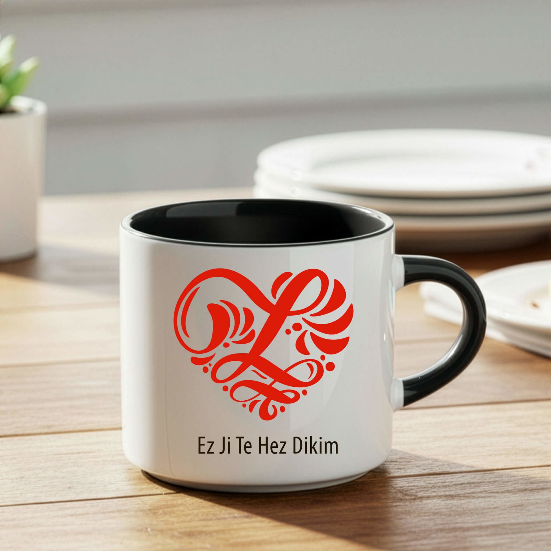 Kürtçe Ez Ji Te Hez Dikim Yazılı Kalpli Siyah Renkli Nescafe Kupa Bardağı - Ez Ji Te Hez Dikim Yazılı Kalpli Nescafe Kupası