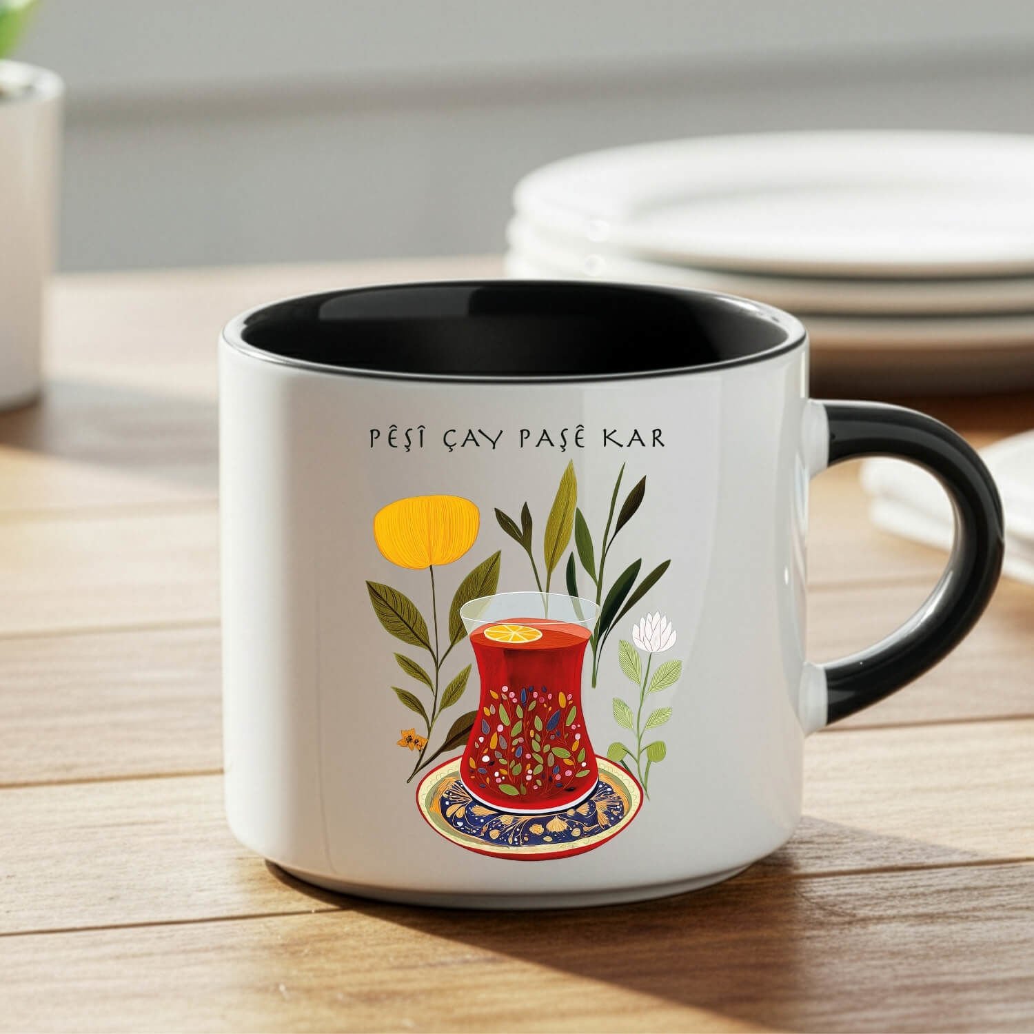 Kürtçe Pêşî Çay Paşê Kar Yazılı Siyah Renkli Nescafe Kupa Bardağı - Pêşî Çay Paşê Kar Nescafe Kupası