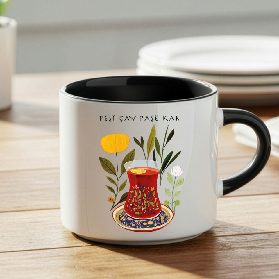 Kürtçe Pêşî Çay Paşê Kar Yazılı Siyah Renkli Nescafe Kupa Bardağı - Pêşî Çay Paşê Kar Nescafe Kupası