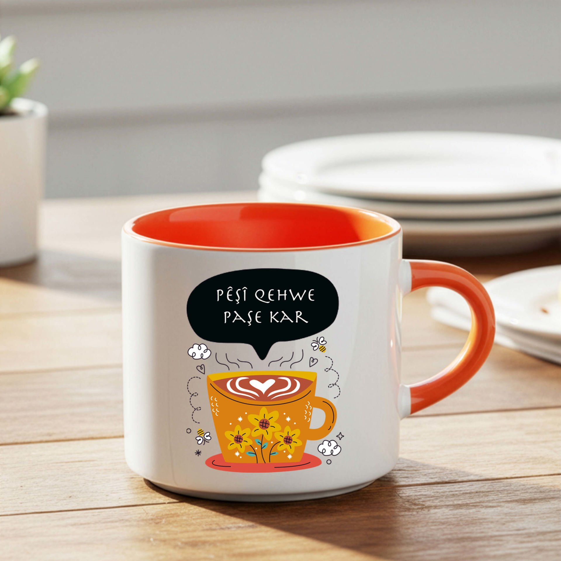 Kürtçe Pêşî Qehwe Paşê Kar Yazılı Turuncu Renkli Nescafe Kupa Bardağı - Pêşî Qehwe Paşê Kar Nescafe Kupası