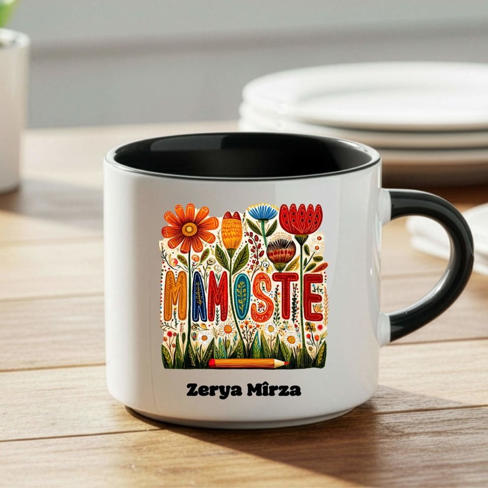 İsme Özel Kürtçe Öğretmenler Günü Mamoste Siyah Renkli ve Çiçekli Nescafe Kupa Bardağı Kupası