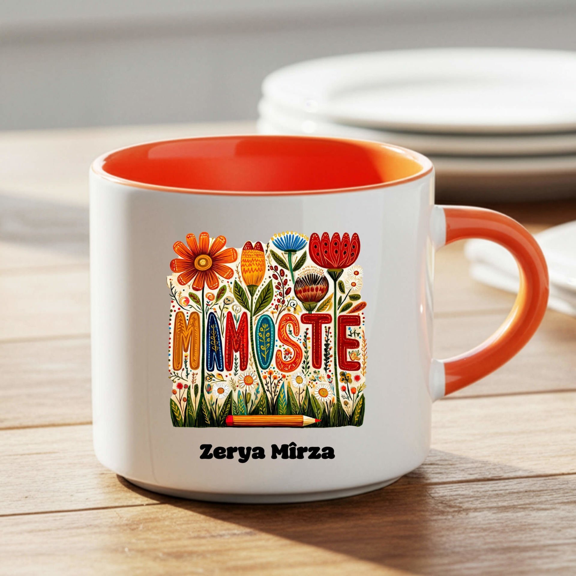 İsme Özel Kürtçe Öğretmenler Günü Mamoste Turuncu Renkli ve Çiçekli Nescafe Kupa Bardağı Kupası