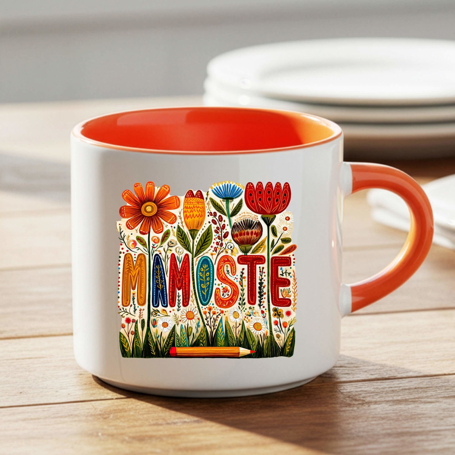 Kürtçe Öğretmenler Günü Mamoste Yazılı Turuncu Renkli ve Çiçekli Nescafe Kupa Bardağı Kupası