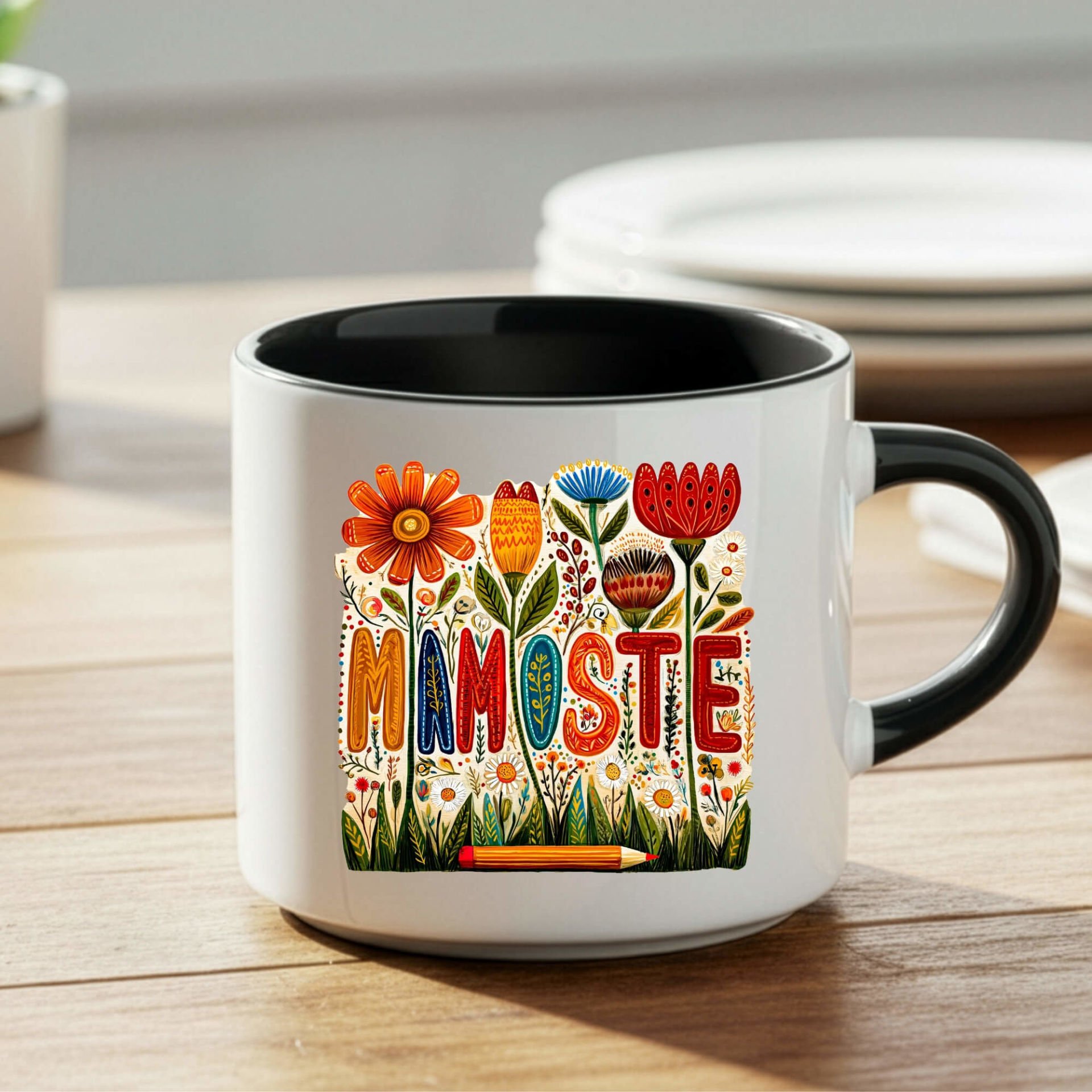 Kürtçe Öğretmenler Günü Mamoste Yazılı Siyah Renkli ve Çiçekli Nescafe Kupa Bardağı Kupası