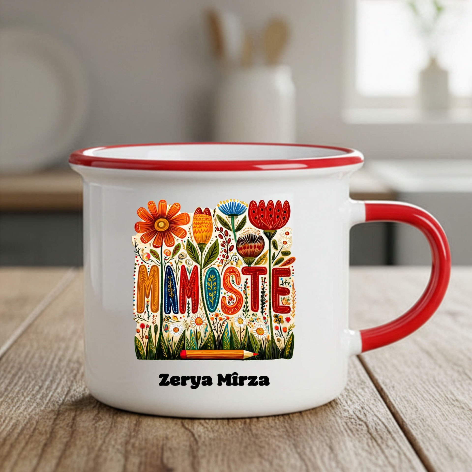 İsme Özel Kürtçe Öğretmenler Günü Mamoste Yazılı ve Çiçekli Kırmızı Renkli Enamel Kupa Bardağı Kupası