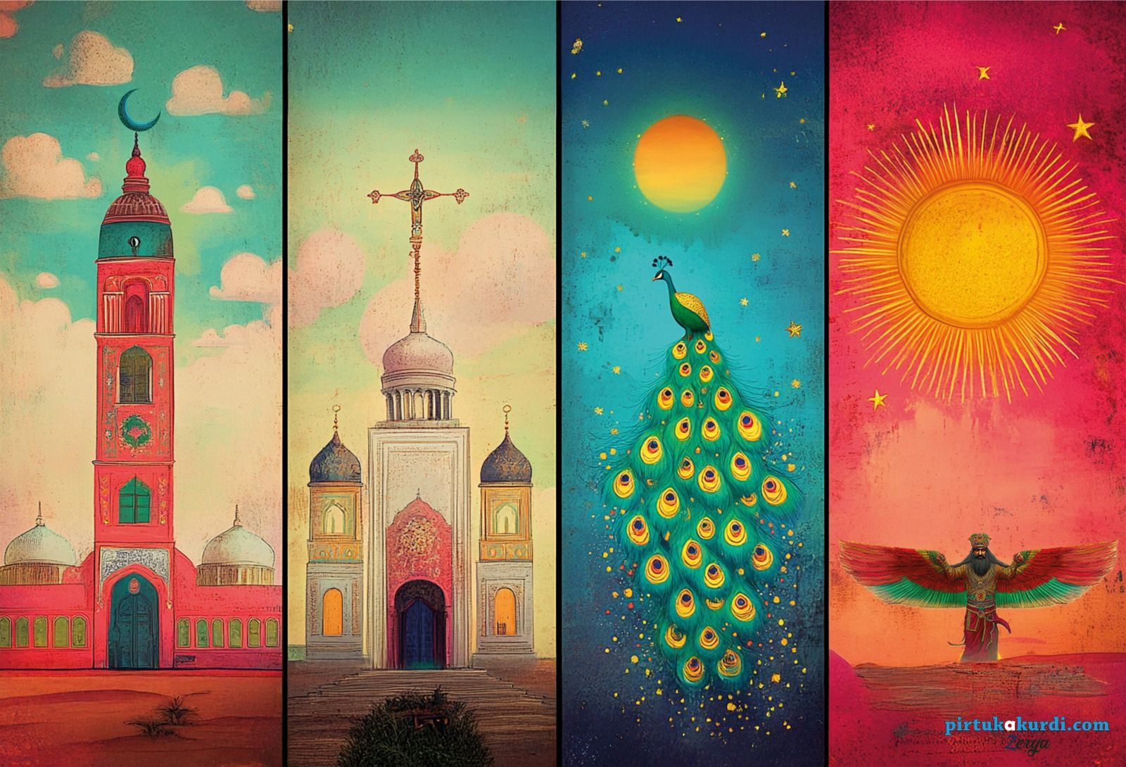 Dört Din Temalı Poster (Müslümanlık - Hiristiyanlık - Yezidilik - Zerdüştlük