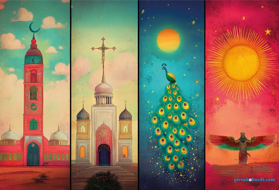 Dört Din Temalı Poster (Müslümanlık - Hiristiyanlık - Yezidilik - Zerdüştlük)