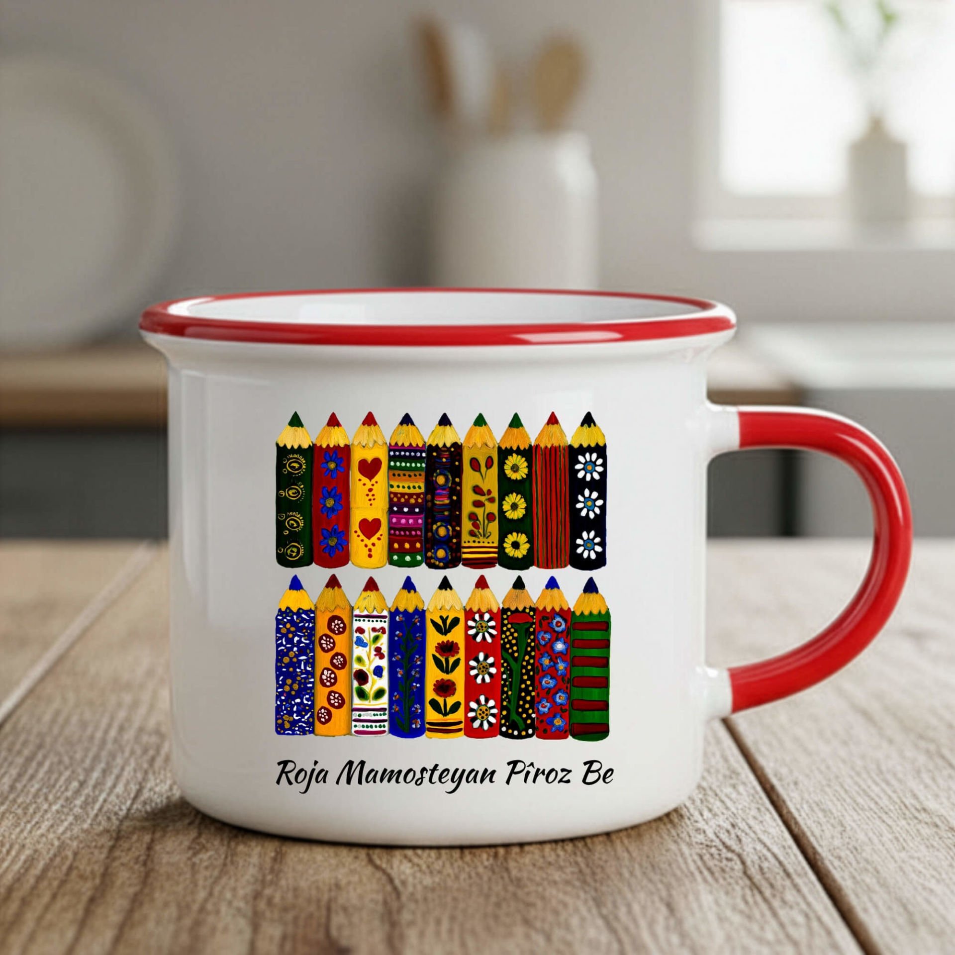 Kürtçe Öğretmenler Günü Mamoste Kırmızı Renkli Enamel Kupa Bardağı - Roja Mamosteyan Piroz Be Kupası