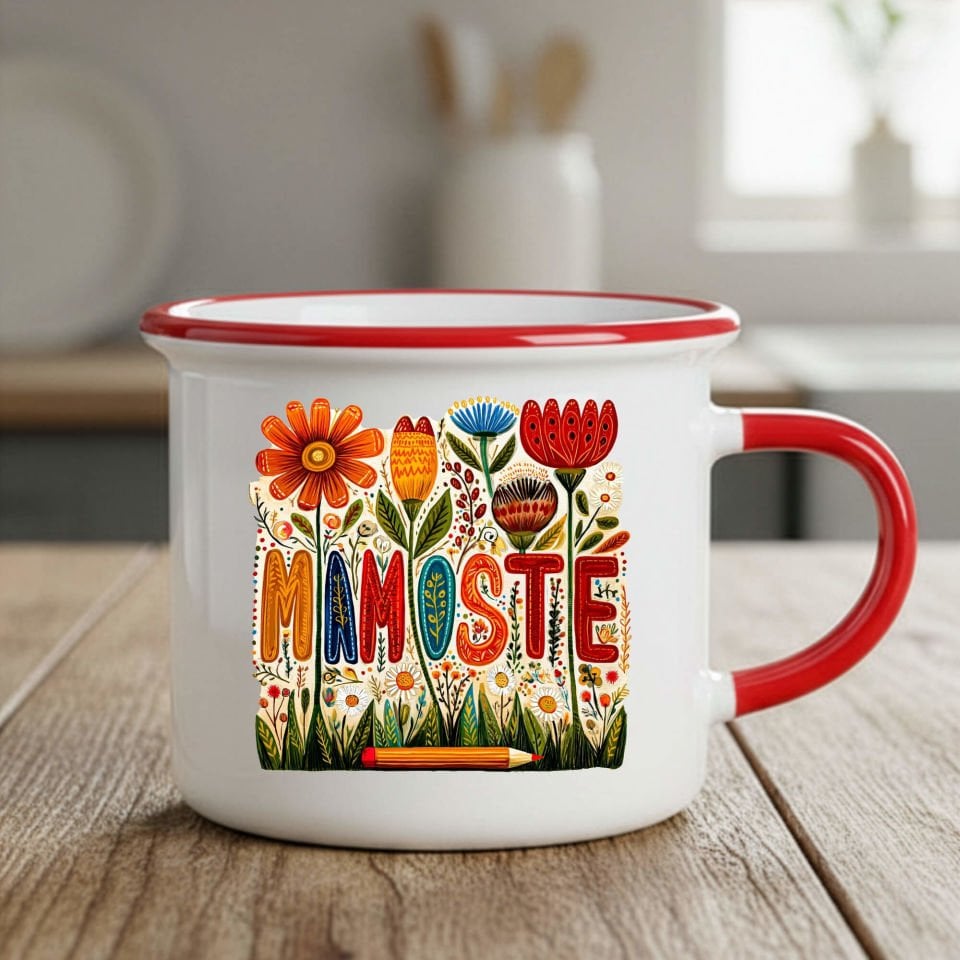 Kürtçe Öğretmenler Günü Mamoste Kırmızı Renkli ve Çiçekli Enamel Kupa Bardağı Kupası