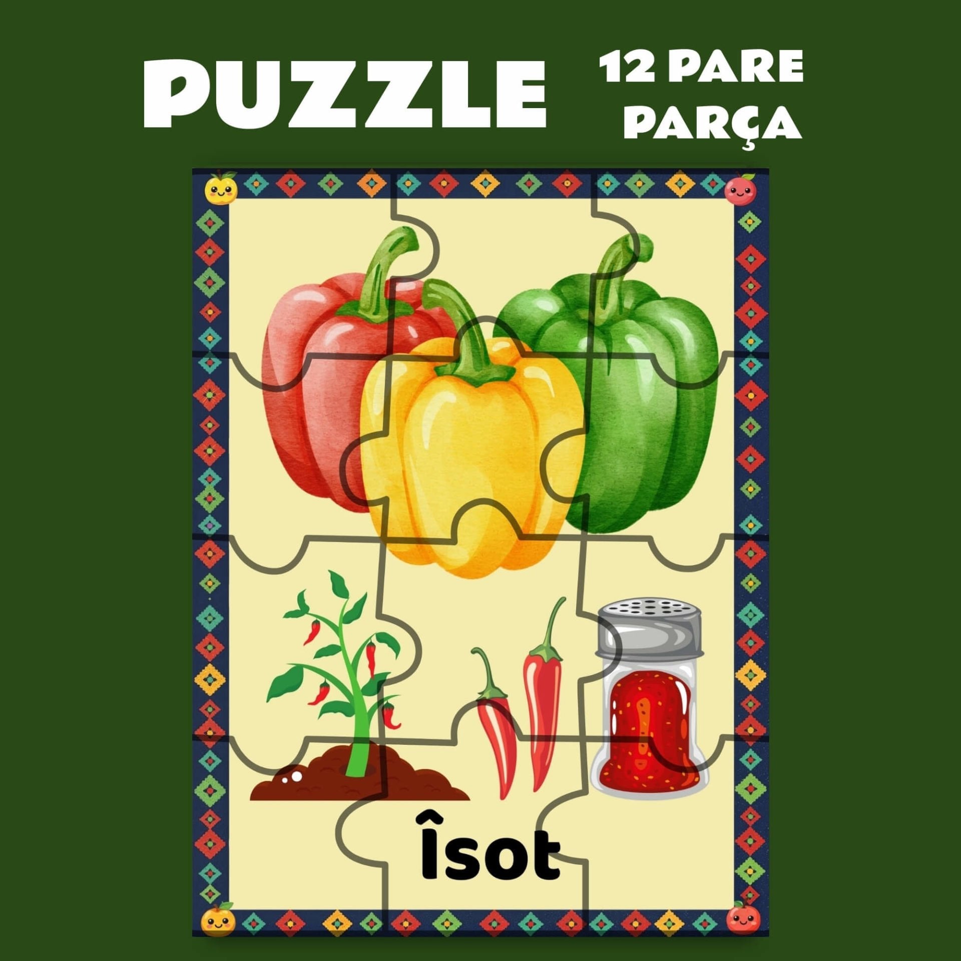 Pazil Bi Kurdî Îsot Biber - Kürtçe Magnetli Puzzle Yapboz (12 Pare/Parça - A5)