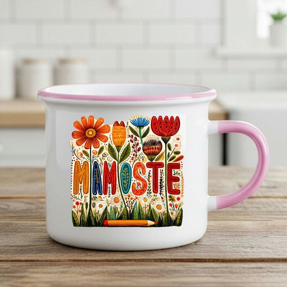 Kürtçe Öğretmenler Günü Mamoste Pembe Renkli ve Çiçekli Enamel Kupa Bardağı Kupası