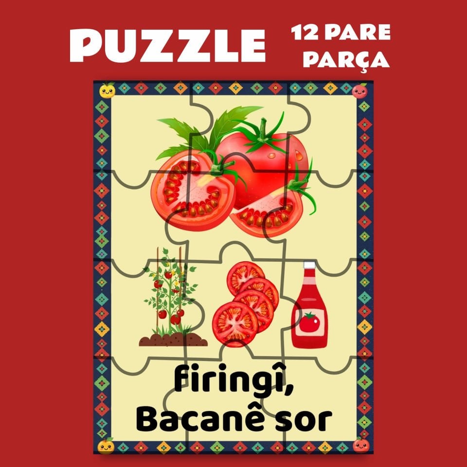 Pazil Bi Kurdî Firingî Bacanê Sor Domates - Kürtçe Magnetli Puzzle Yapboz (12 Pare/Parça - A5)