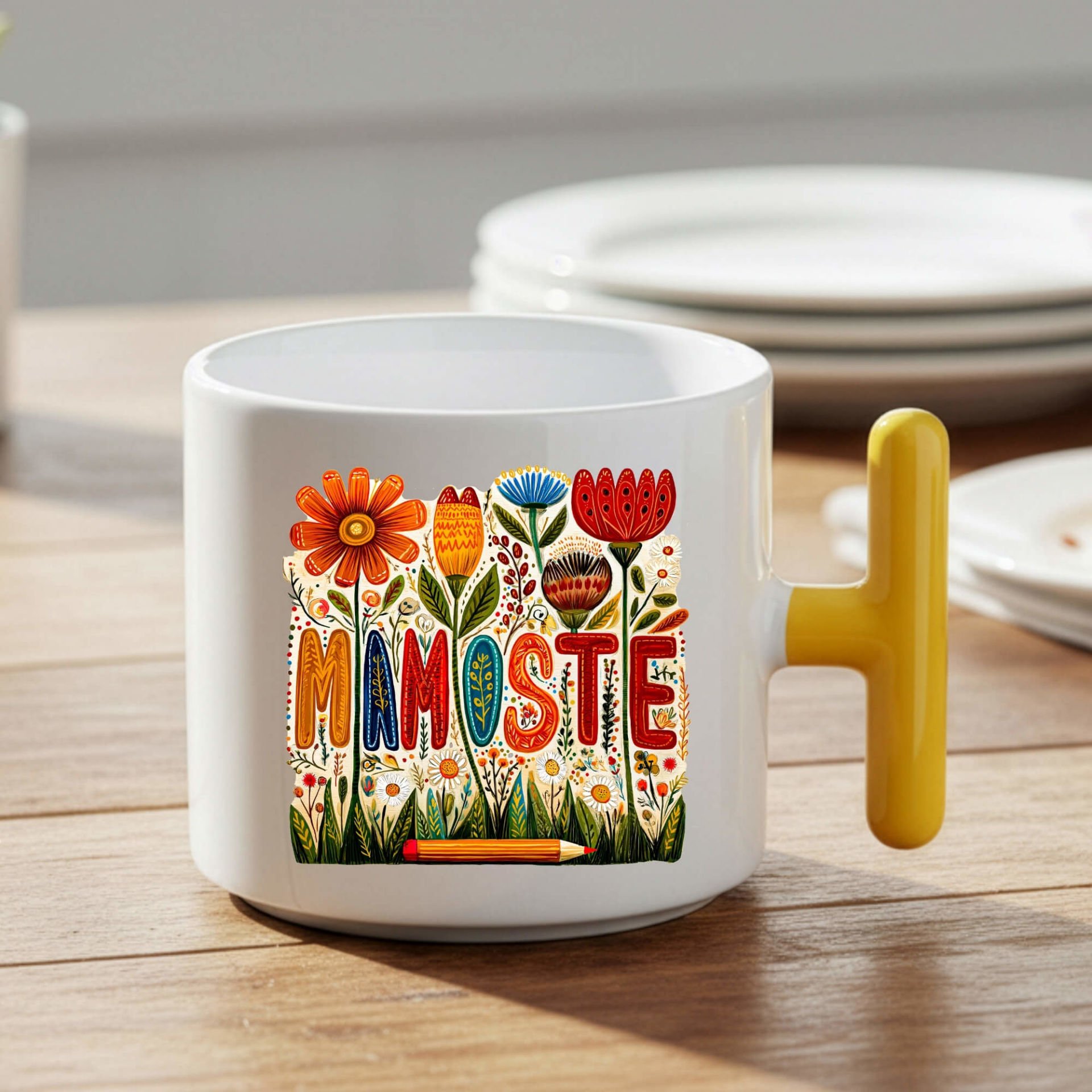 Kürtçe Öğretmenler Günü Mamoste Sarı Renkli ve Çiçekli T Kupa Bardağı Kupası