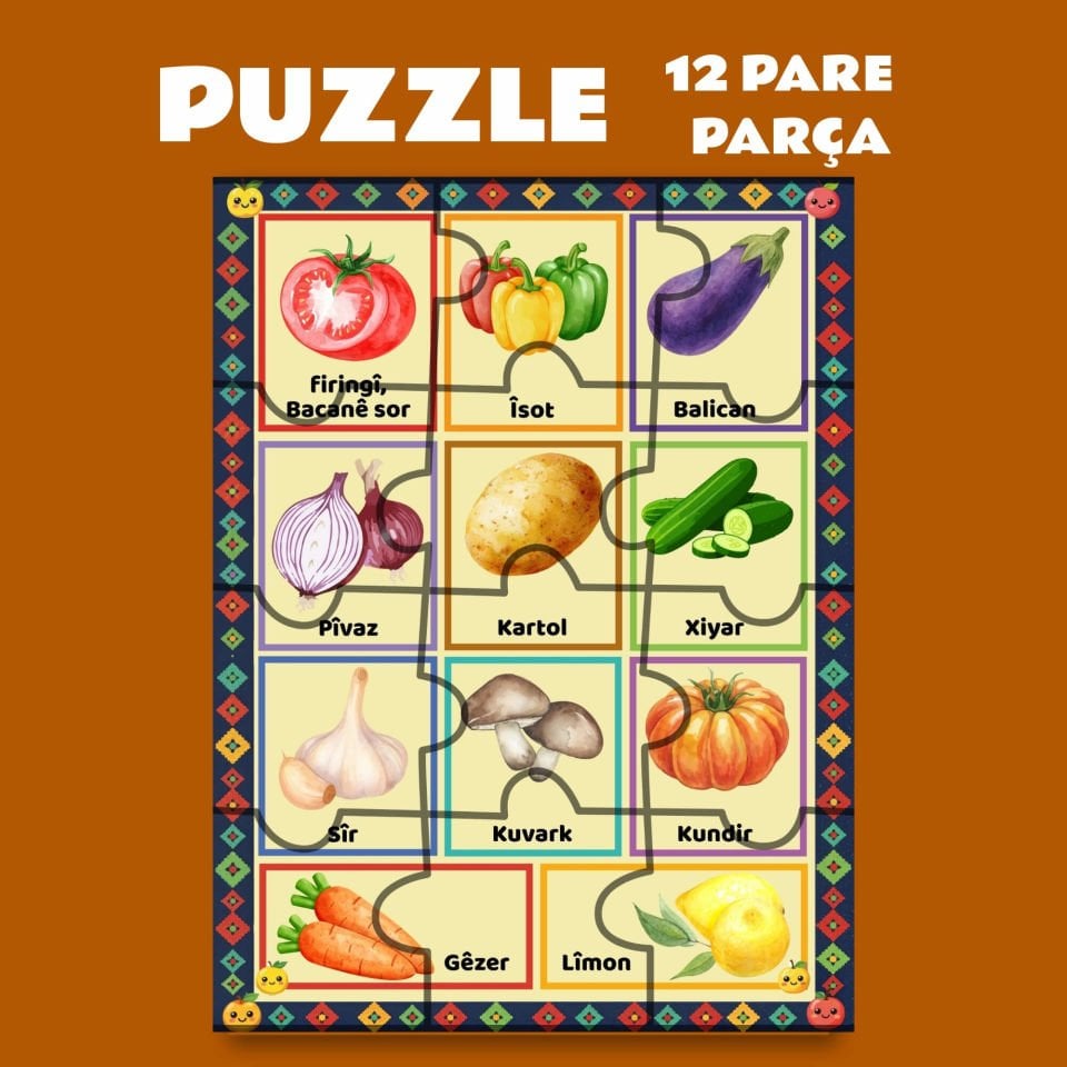Pazil Bi Kurdî Sewze Sebzeler - Kürtçe Magnetli Puzzle Yapboz (12 Pare/Parça - A5)