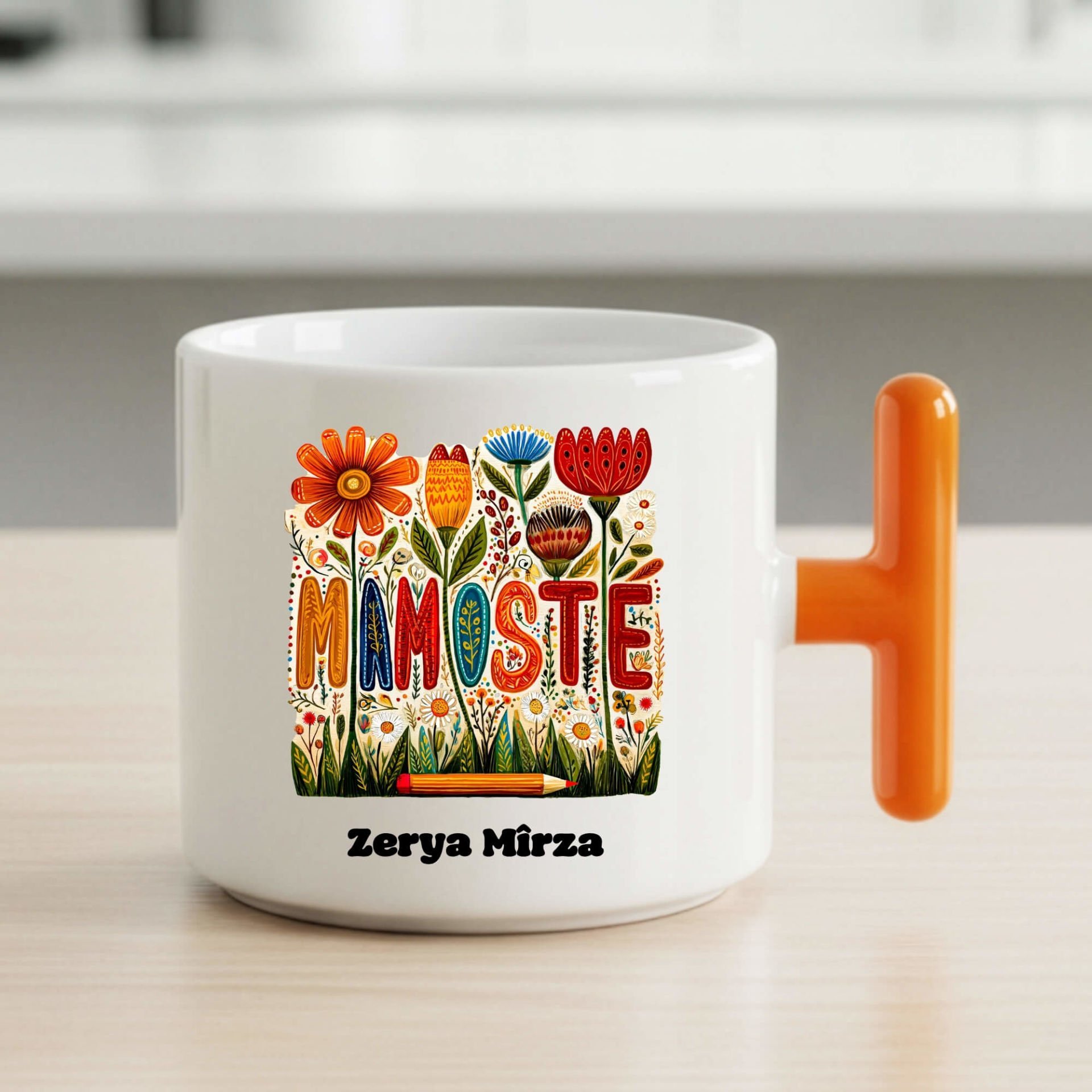 İsme Özel Kürtçe Öğretmenler Günü Mamoste ve Çiçekli Turuncu Renkli T Kupa Bardağı Kupası
