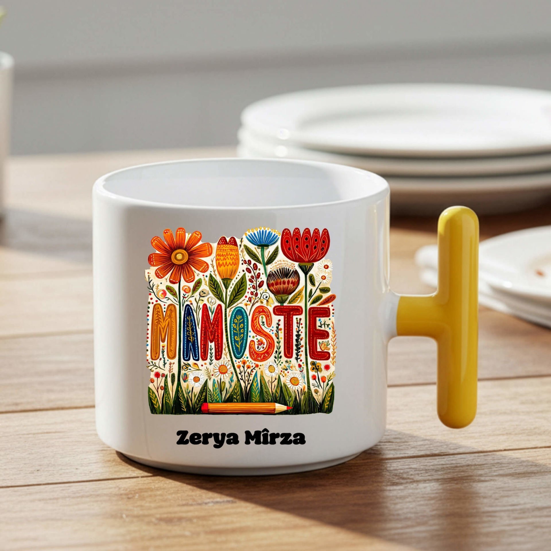 İsme Özel Kürtçe Öğretmenler Günü Mamoste ve Çiçekli Sarı Renkli T Kupa Bardağı Kupası