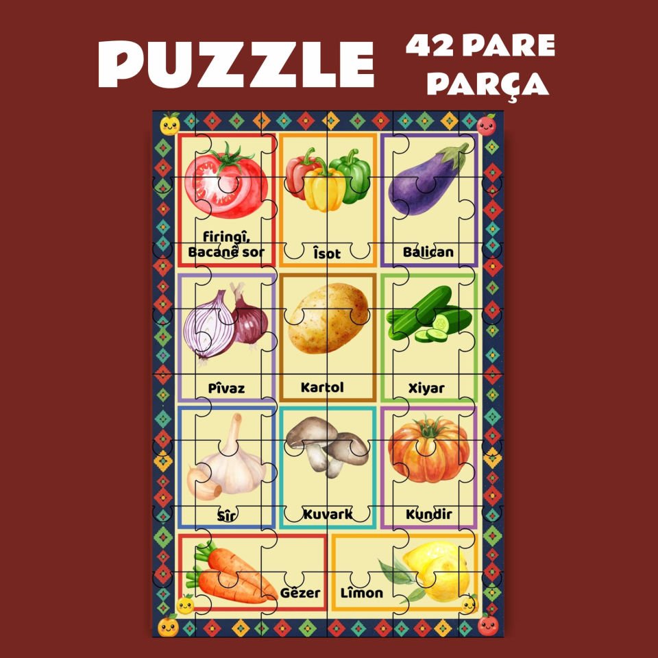 Pazil Bi Kurdî Sewze Sebze İsimleri - Kürtçe Puzzle Yapboz (42 Pare/Parça - A4)