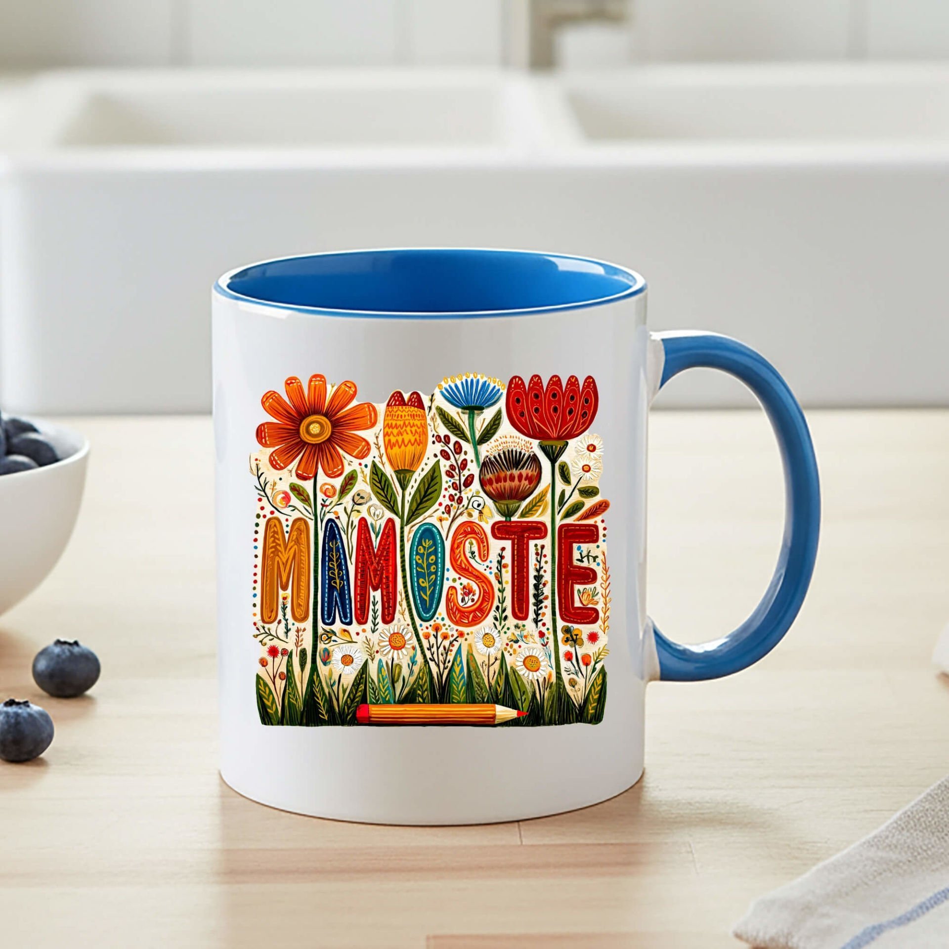 Kürtçe Öğretmenler Günü Mamoste Yazılı ve Çiçekli Mavi Renkli Klasik Kupa Bardağı Kupası