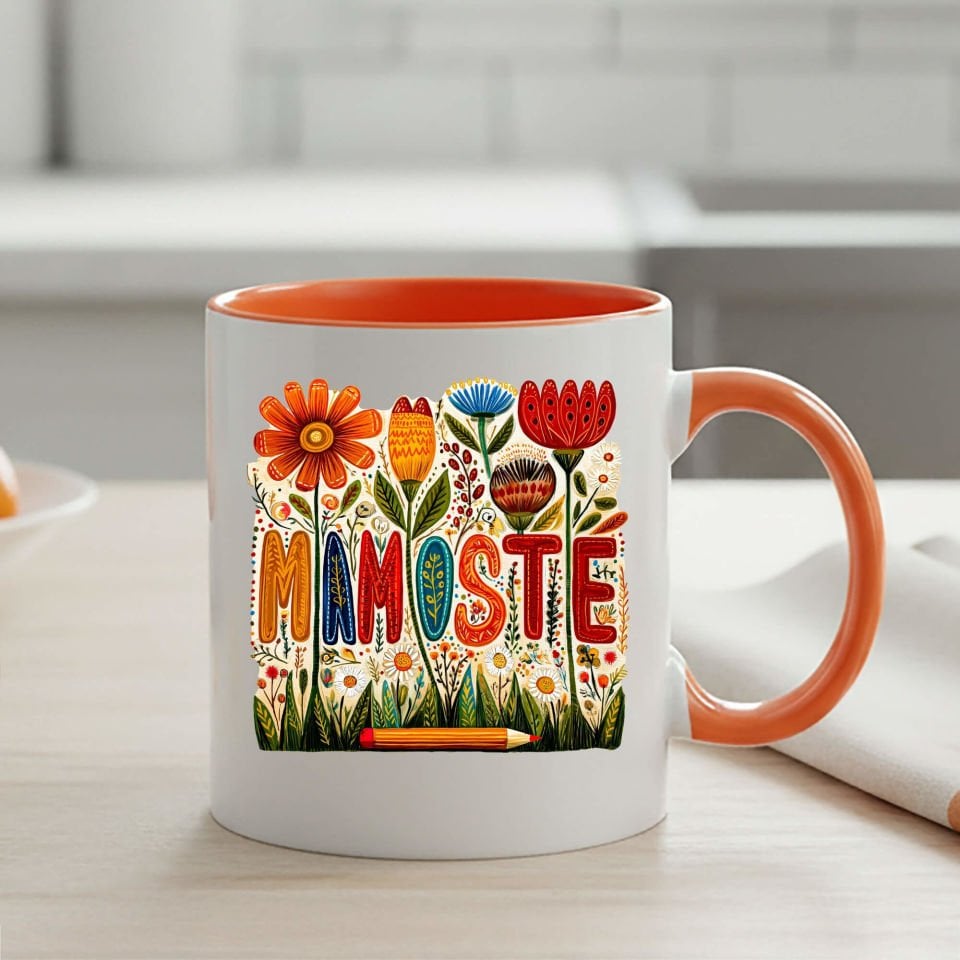 Kürtçe Öğretmenler Günü Mamoste Yazılı ve Çiçekli Turuncu Renkli Klasik Kupa Bardağı Kupası