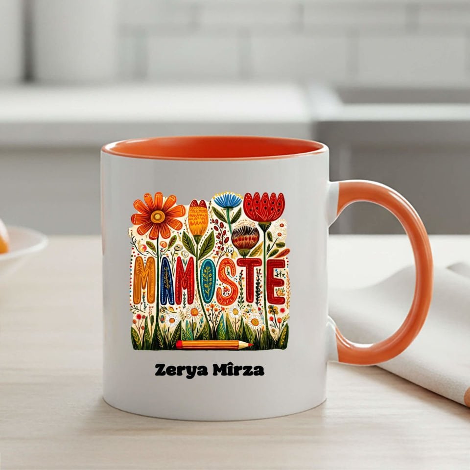 İsme Özel Kürtçe Öğretmenler Günü Mamoste Yazılı ve Çiçekli Turuncu Renkli Klasik Kupa Bardağı Kupası