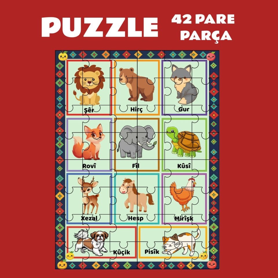 Pazil Bi Kurdî Navên Ajalan Hayvanlar - Kürtçe Puzzle Yapboz (42 Pare/Parça - A4)
