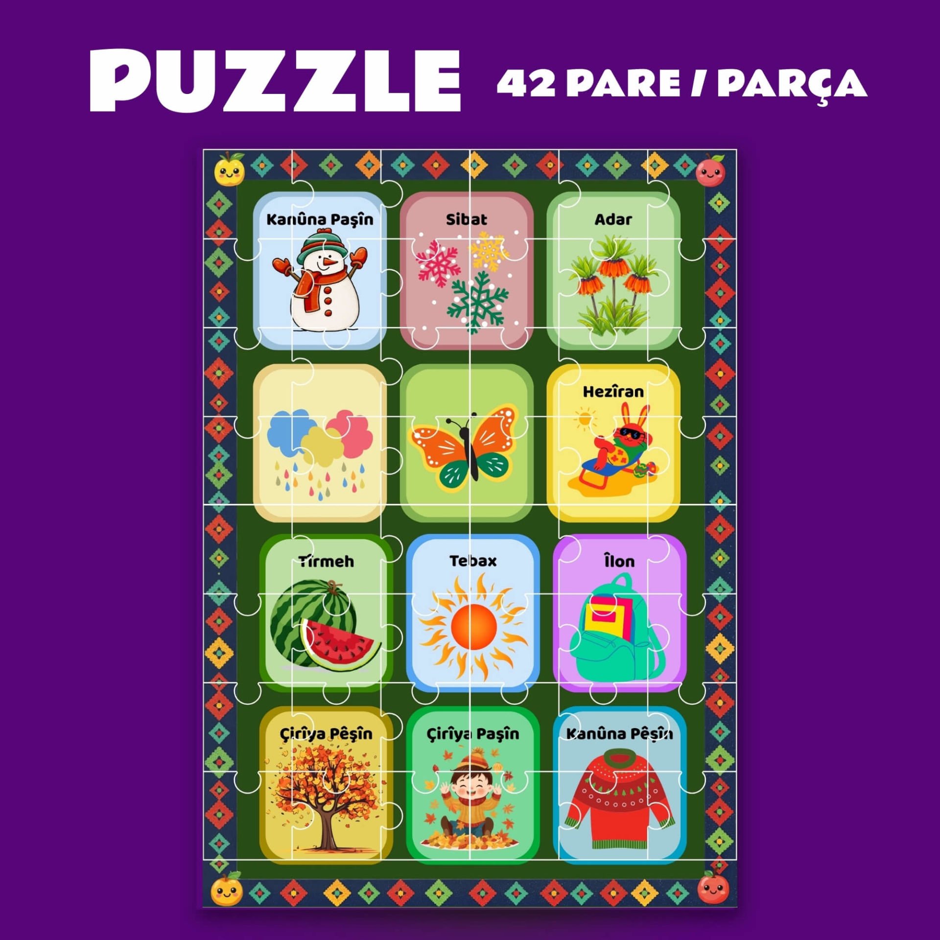 Pazil Bi Kurdî Navên Mehan Ay İsimleri - Kürtçe Puzzle Yapboz (42 Pare/Parça - A4)