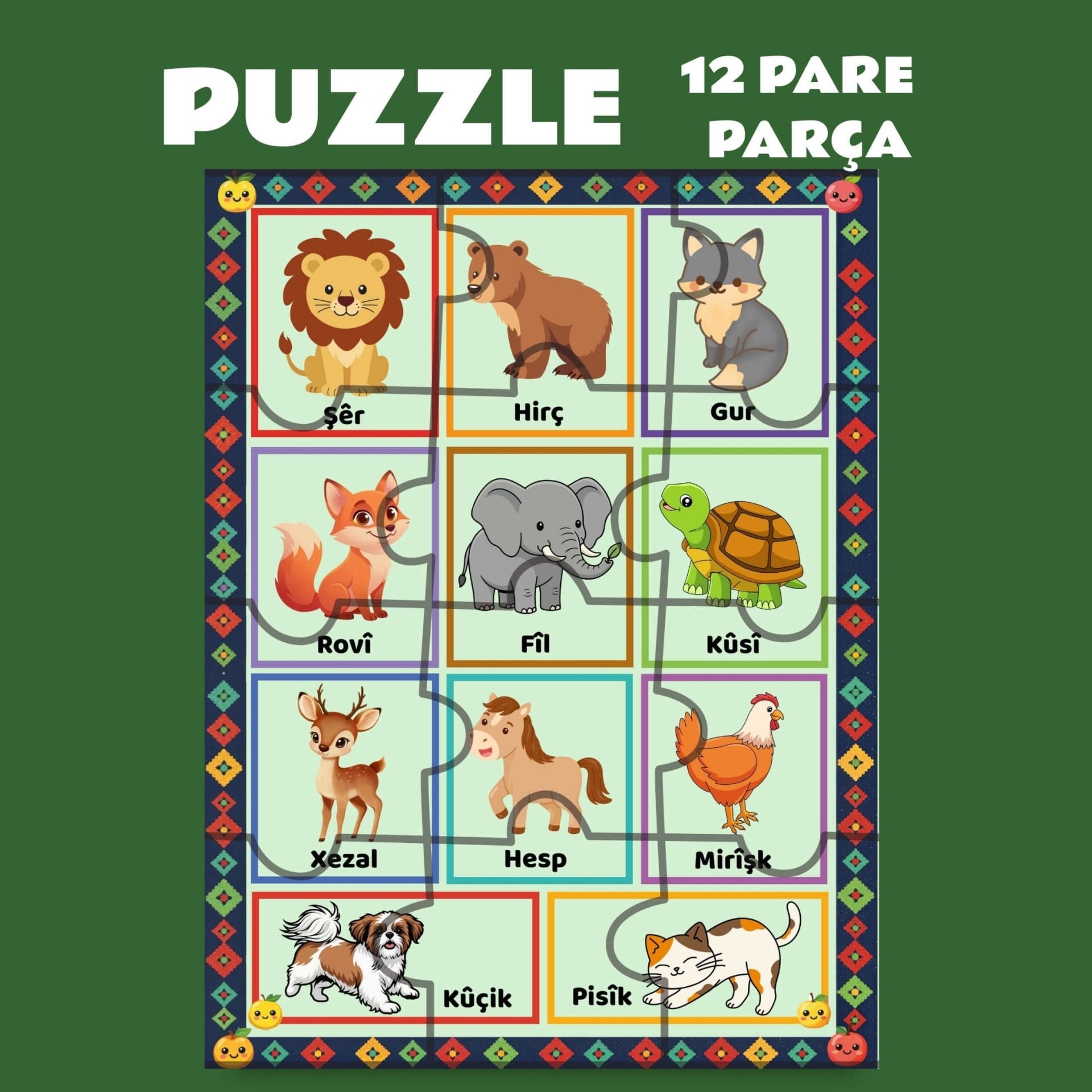 Pazil Bi Kurdî Navên Ajalan Hayvanlar - Kürtçe Magnetli Puzzle Yapboz (12 Pare/Parça - A5)