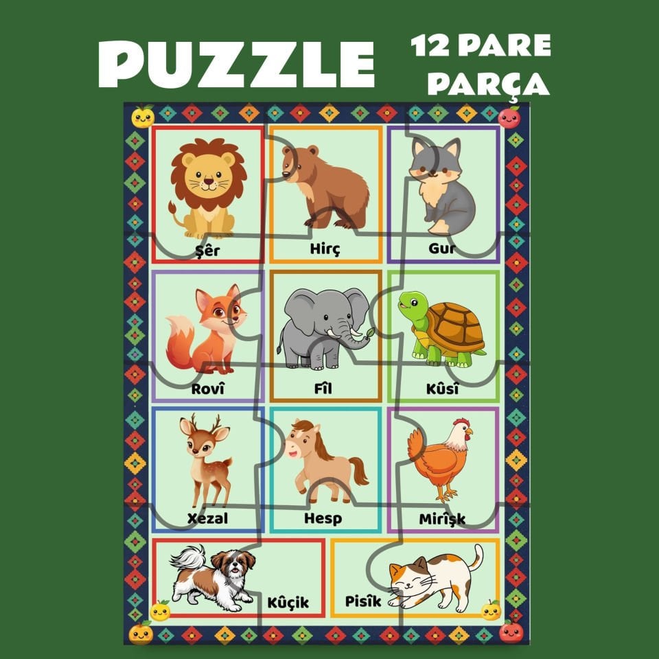 Pazil Bi Kurdî Navên Ajalan Hayvanlar - Kürtçe Magnetli Puzzle Yapboz (12 Pare/Parça - A5)