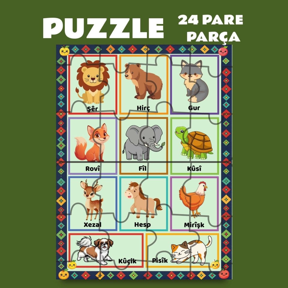 Pazil Bi Kurdî Navên Ajalan Hayvanlar - Kürtçe Puzzle Yapboz (24 Pare/Parça - A5)