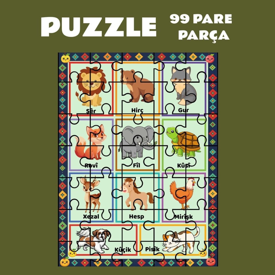 Pazil Bi Kurdî Navên Ajalan Hayvan İsimleri - Kürtçe Puzzle Yapboz (99 Pare/Parça - A4)