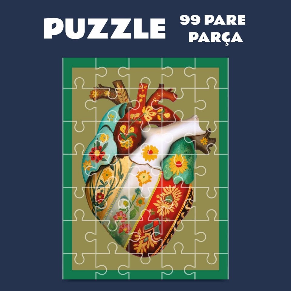 Çiçekli Kalp Tasarımlı Puzzle Yapboz (99 Pare/Parça - A4)