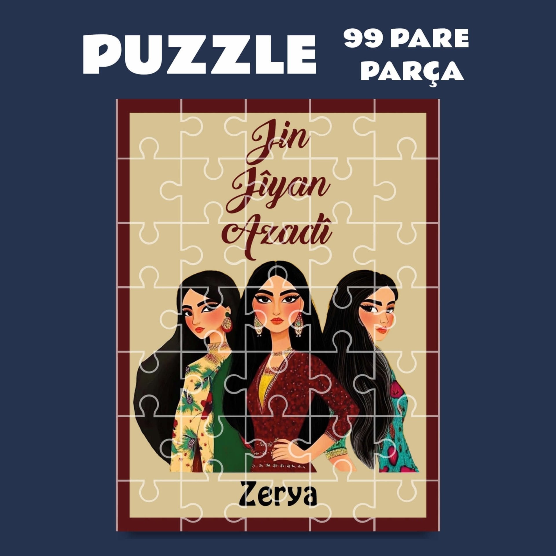 İsme Özel Pazil Bi Kurdî Jin Jiyan Azadi - Kürtçe Puzzle Yapboz (99 Pare/Parça - A4)