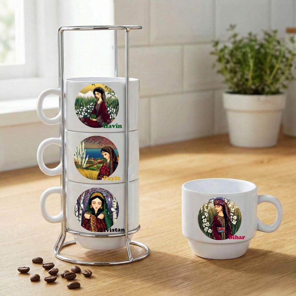 Kürtçe Mevsim İsimleri Tasarımlı Standlı 4'lü Porselen Kahve Fincan Seti - Fîncana Demsalan - Havîn - Bihar - Zivistan - Payîz