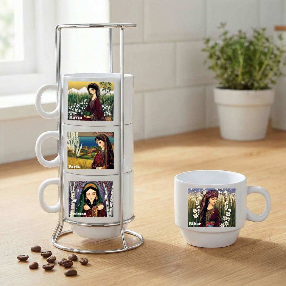 Kürtçe Mevsim İsimleri Tasarımlı Standlı 4'lü Porselen Kahve Fincan Seti - Fîncana Demsalan - Havîn - Bihar - Zivistan - Payîz
