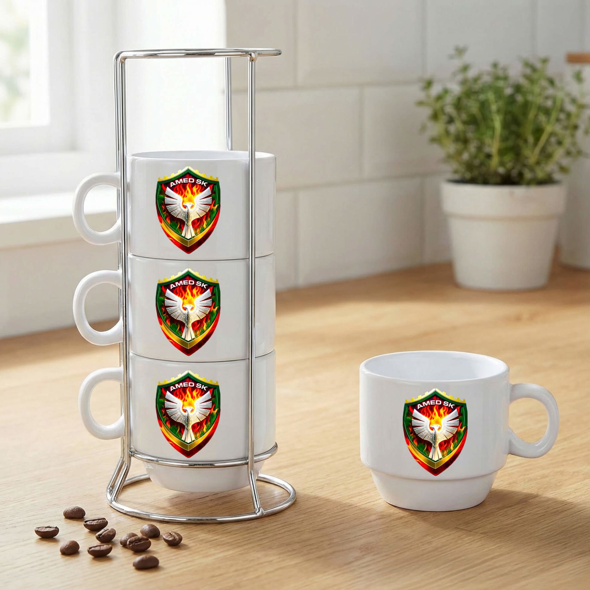 Amedspor Resimli Standlı 4'lü Porselen Kahve Fincan Seti - Amed Spor Fincan Seti