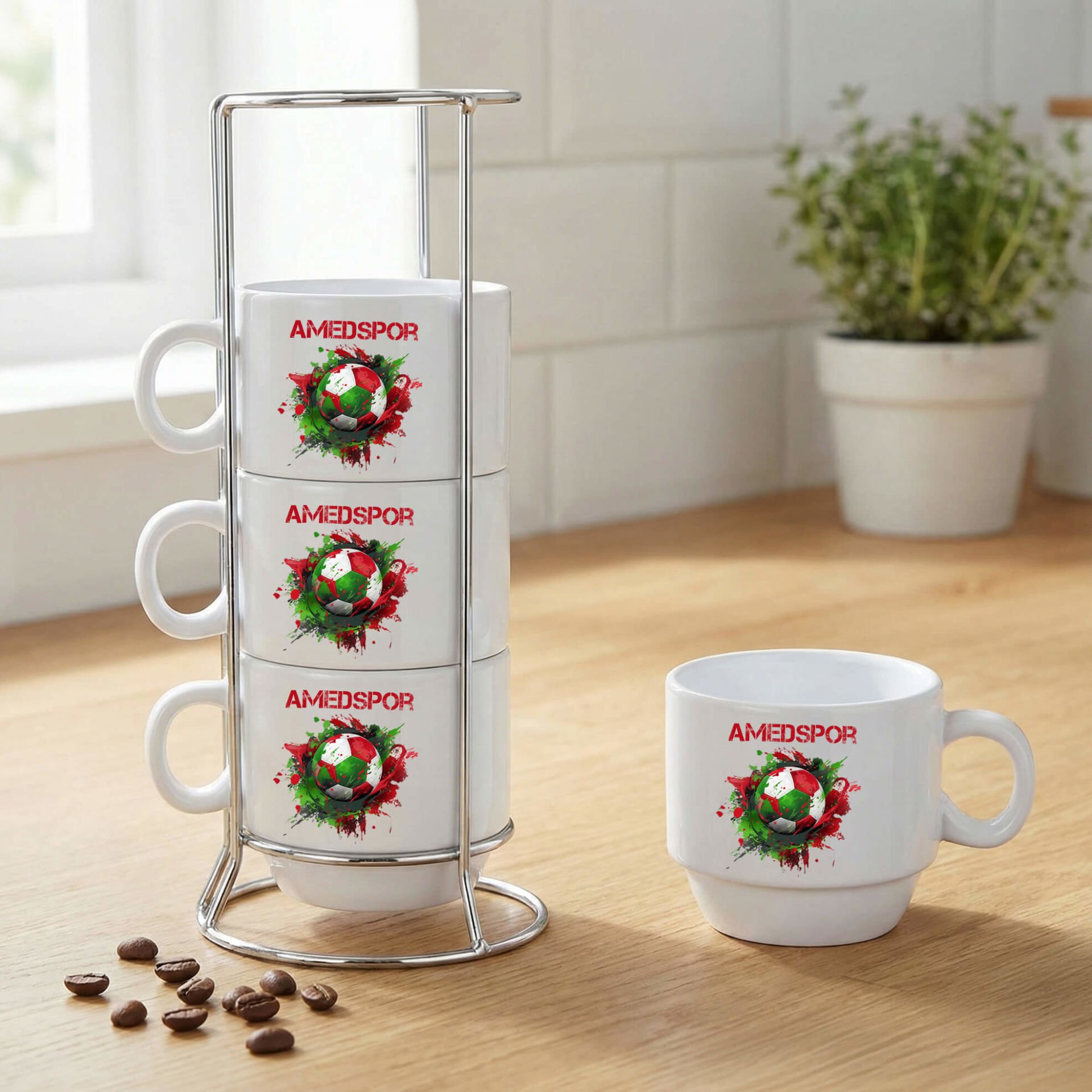 Amedspor Futbol Toplu Standlı 4'lü Porselen Kahve Fincan Seti - Amed Spor Fincan Seti