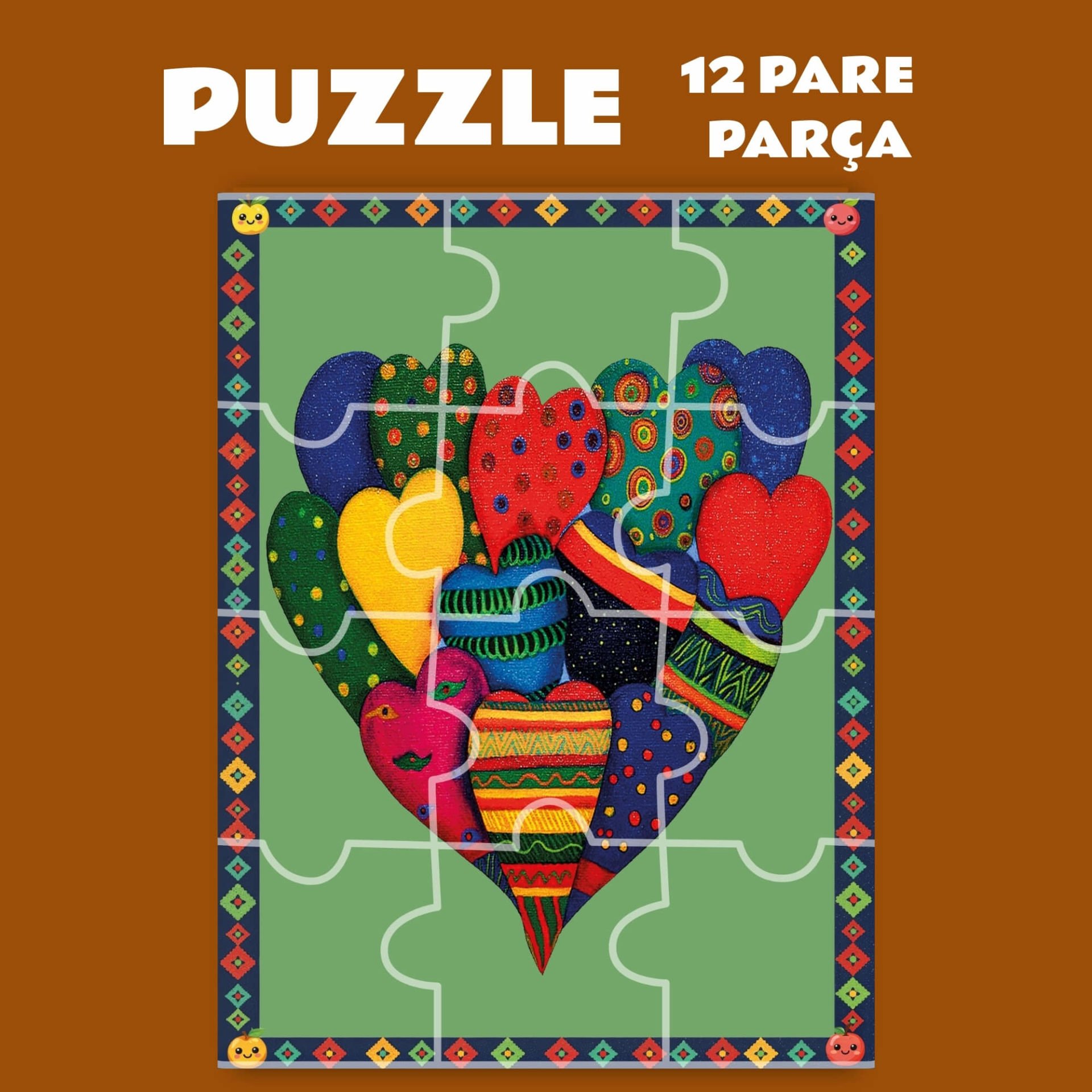 Kalp Desenli Magnetli Puzzle Yapboz (12 Pare/Parça - A5)