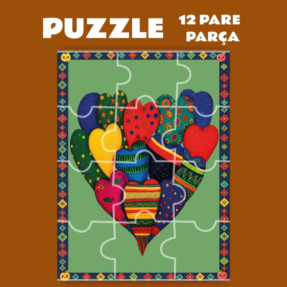 Kalp Desenli Magnetli Puzzle Yapboz (12 Pare/Parça - A5)