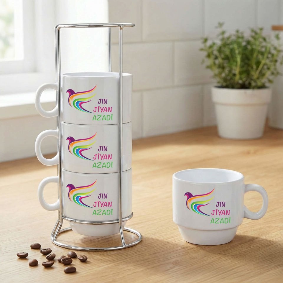 Jin Jiyan Azadî Resimli Standlı 4'lü Porselen Kahve Fincan Seti - Jin Jiyan Azadî Fincanları